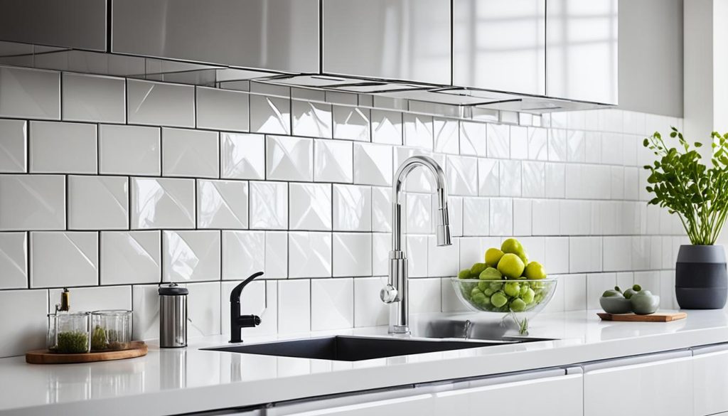 glossy herringbone tile backsplash